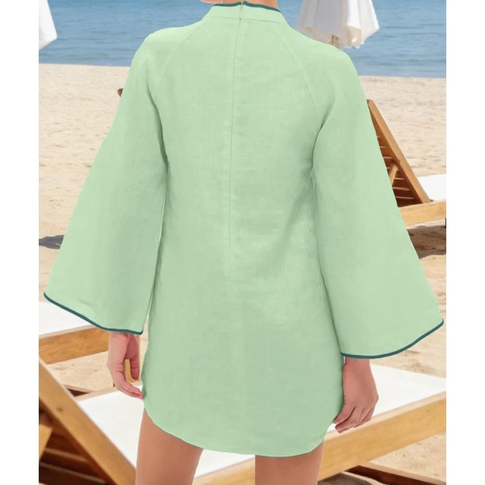 Fashion Mint Green Cotton Shell beach cover up mini Dress Bell Sleeve Womens L - Picture 2 of 10